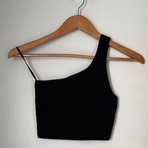 Babaton Black Ribbed One-Shoulder Crop Top
